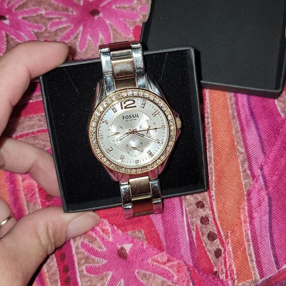 Fossil Riley Multifunction Two Tone Stainless Steel Watch New Battery - Picture 9 of 11